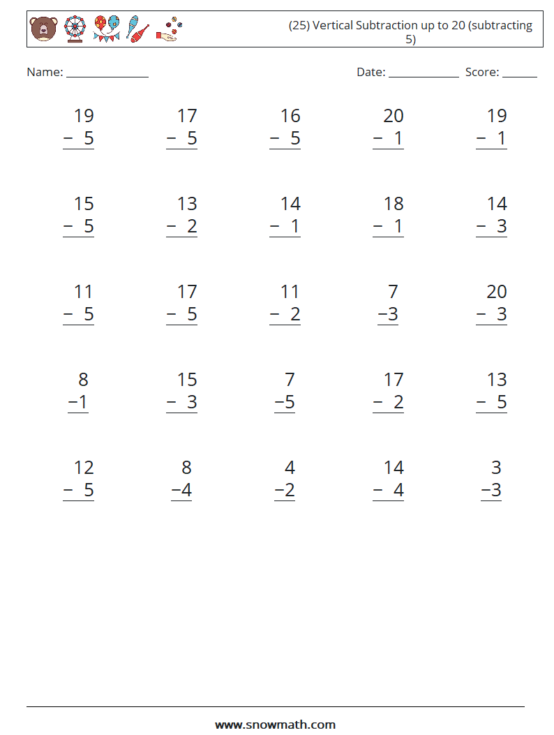 (25) Vertical Subtraction up to 20 (subtracting 5) Math Worksheets 7