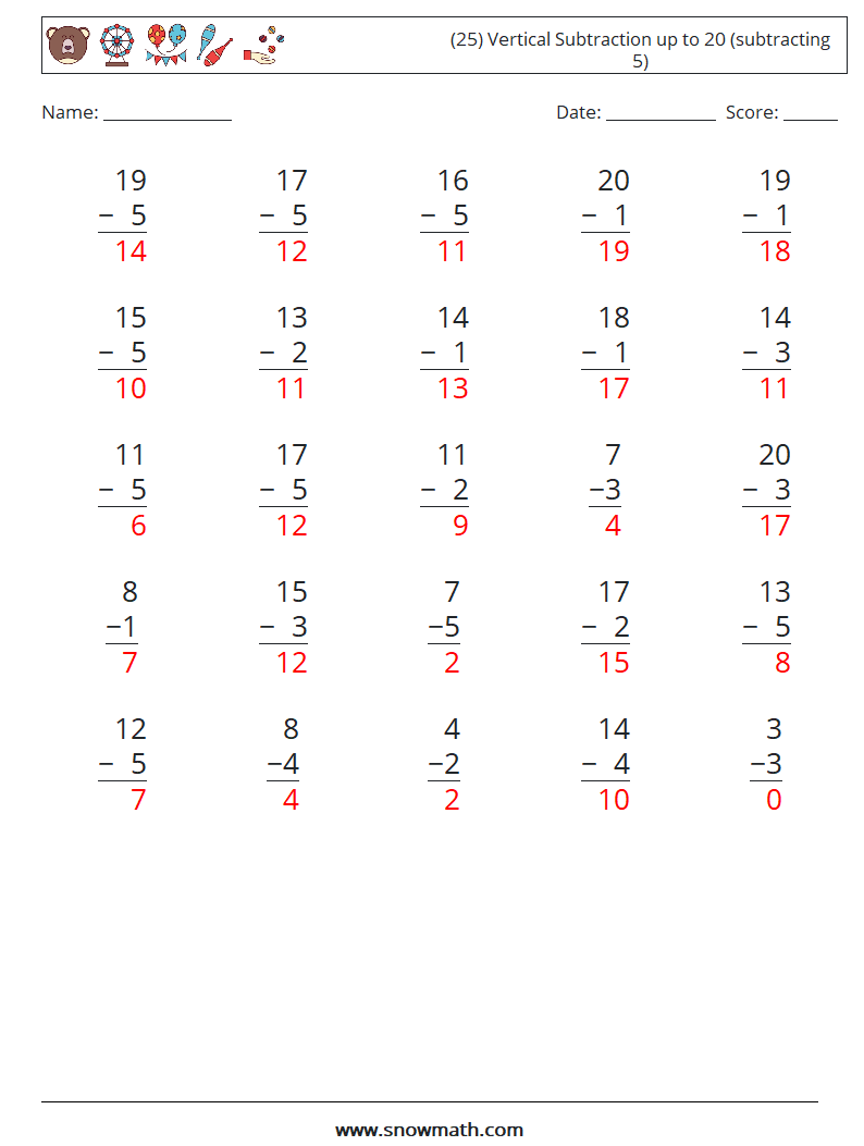 (25) Vertical Subtraction up to 20 (subtracting 5) Math Worksheets 7 Question, Answer