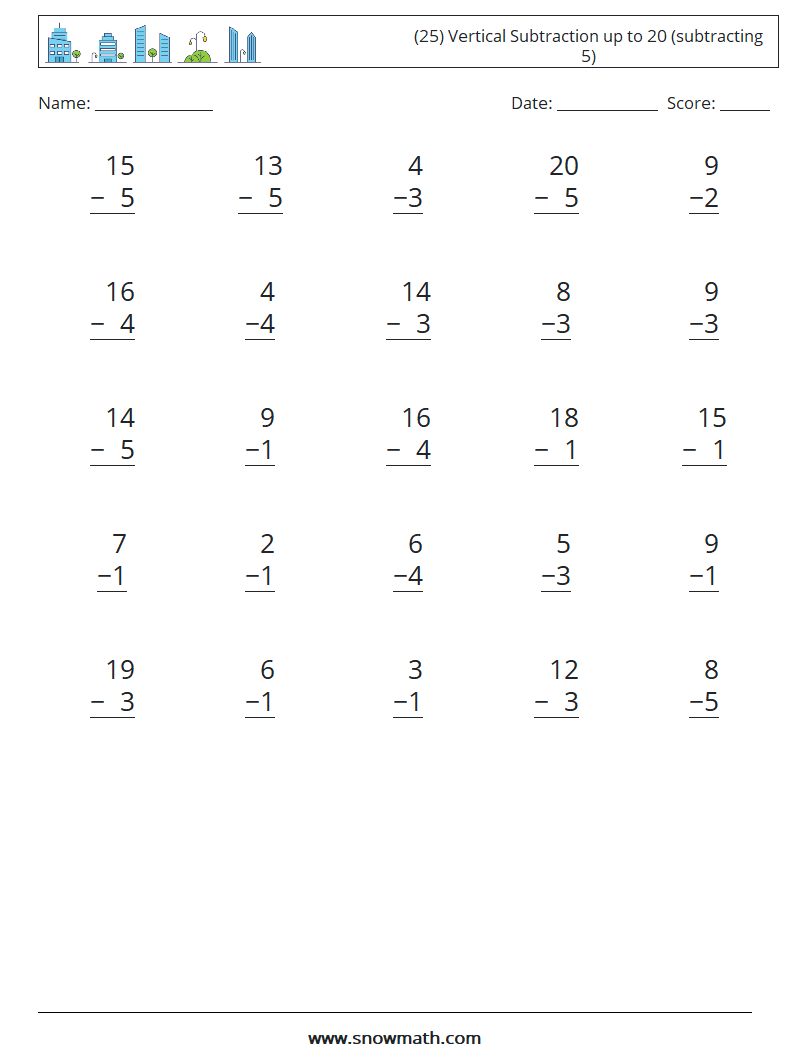 (25) Vertical Subtraction up to 20 (subtracting 5) Math Worksheets 8