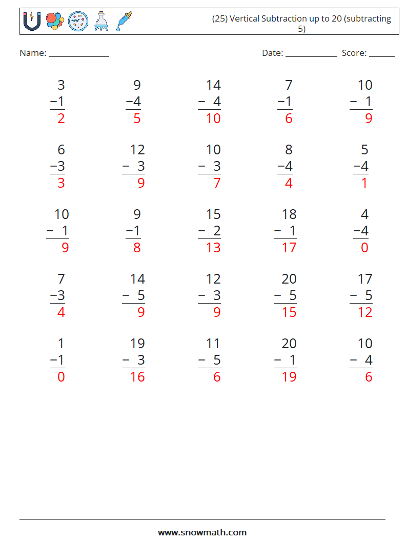 (25) Vertical Subtraction up to 20 (subtracting 5) Math Worksheets 9 Question, Answer