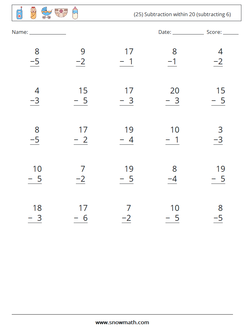 (25) Subtraction within 20 (subtracting 6) Math Worksheets 1