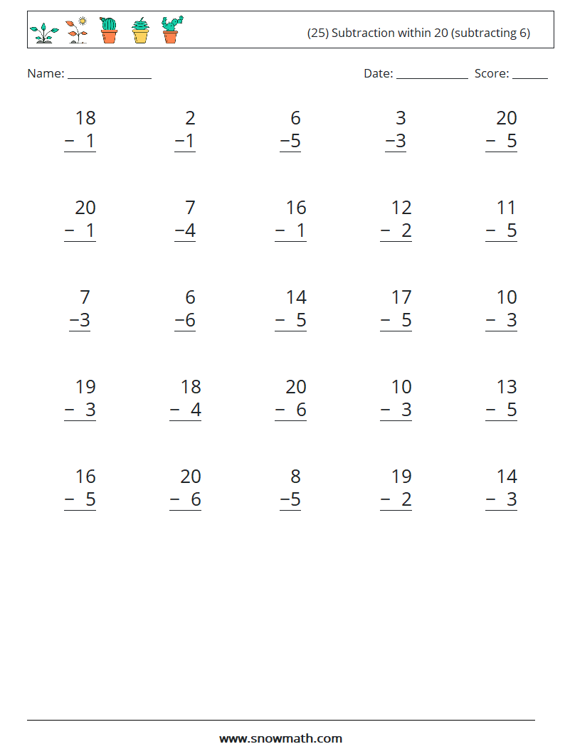 (25) Subtraction within 20 (subtracting 6) Math Worksheets 11