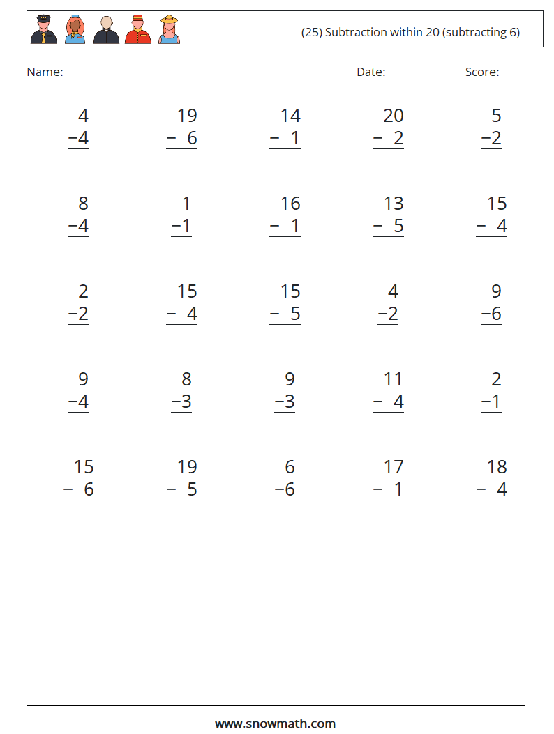 (25) Subtraction within 20 (subtracting 6) Math Worksheets 12