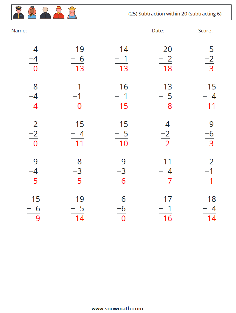 (25) Subtraction within 20 (subtracting 6) Math Worksheets 12 Question, Answer