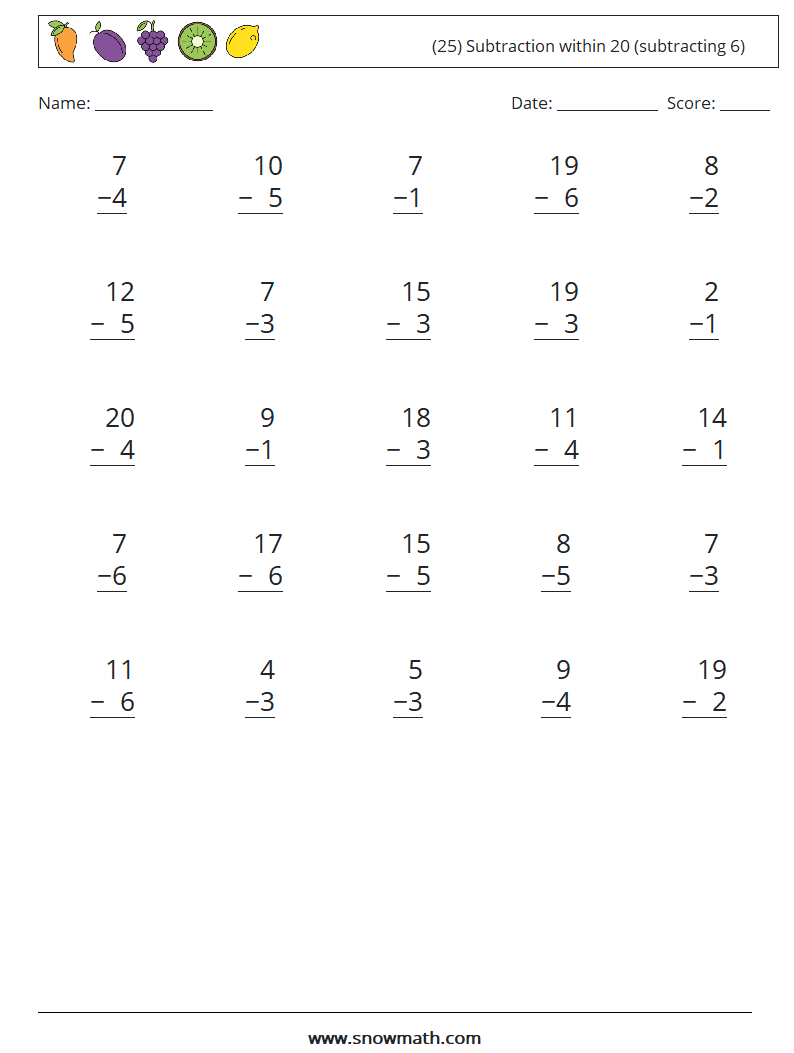 (25) Subtraction within 20 (subtracting 6) Math Worksheets 13