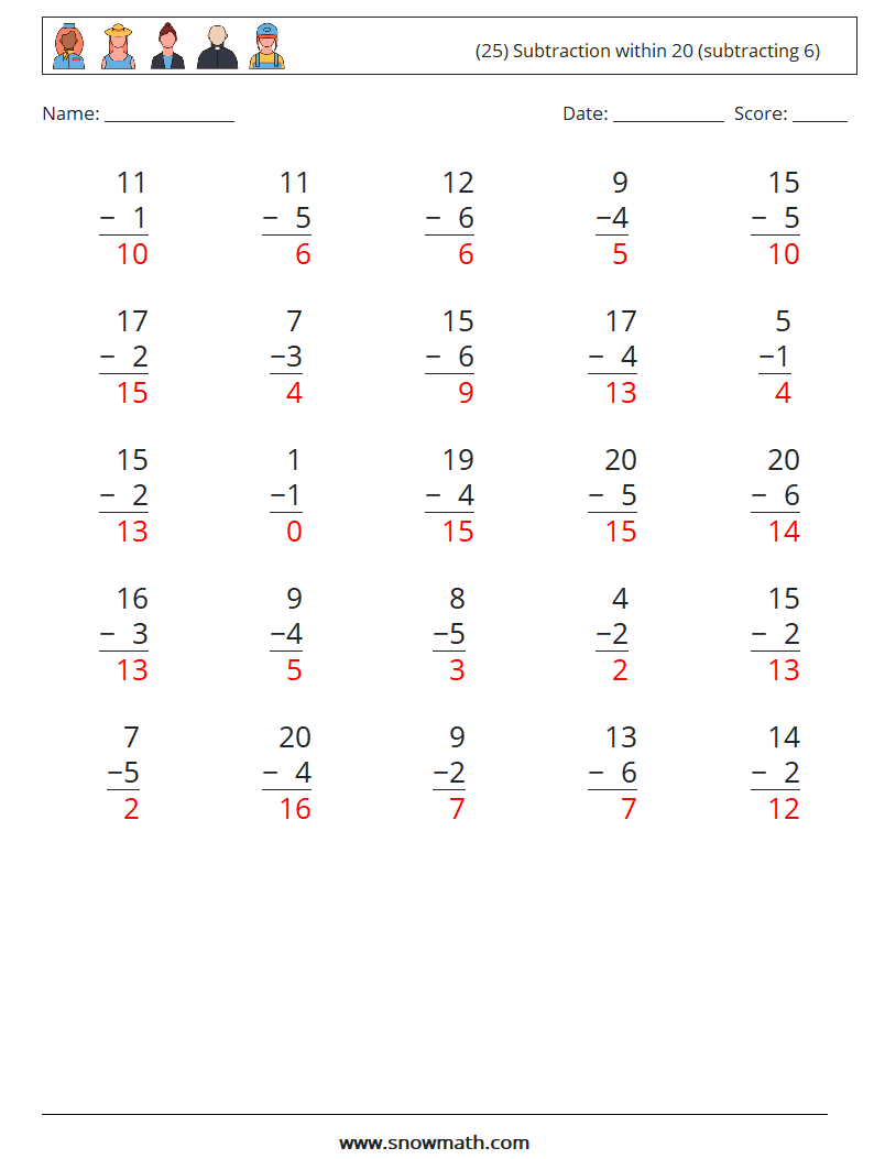 (25) Subtraction within 20 (subtracting 6) Math Worksheets 15 Question, Answer