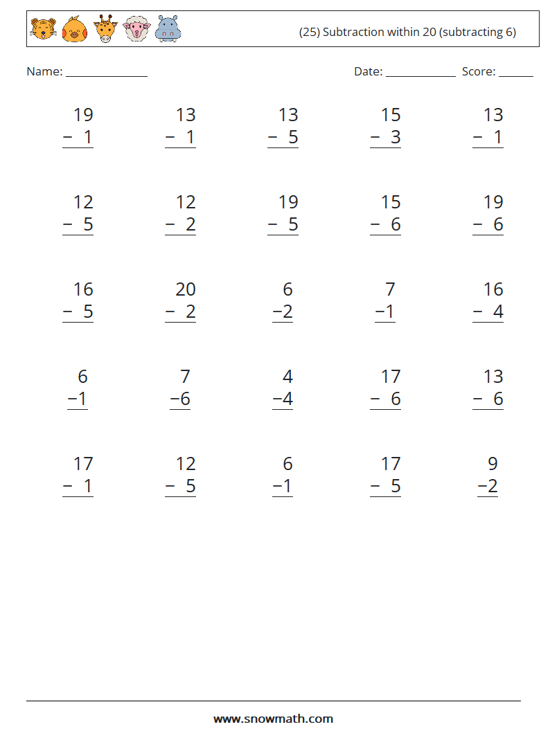 (25) Subtraction within 20 (subtracting 6) Math Worksheets 16