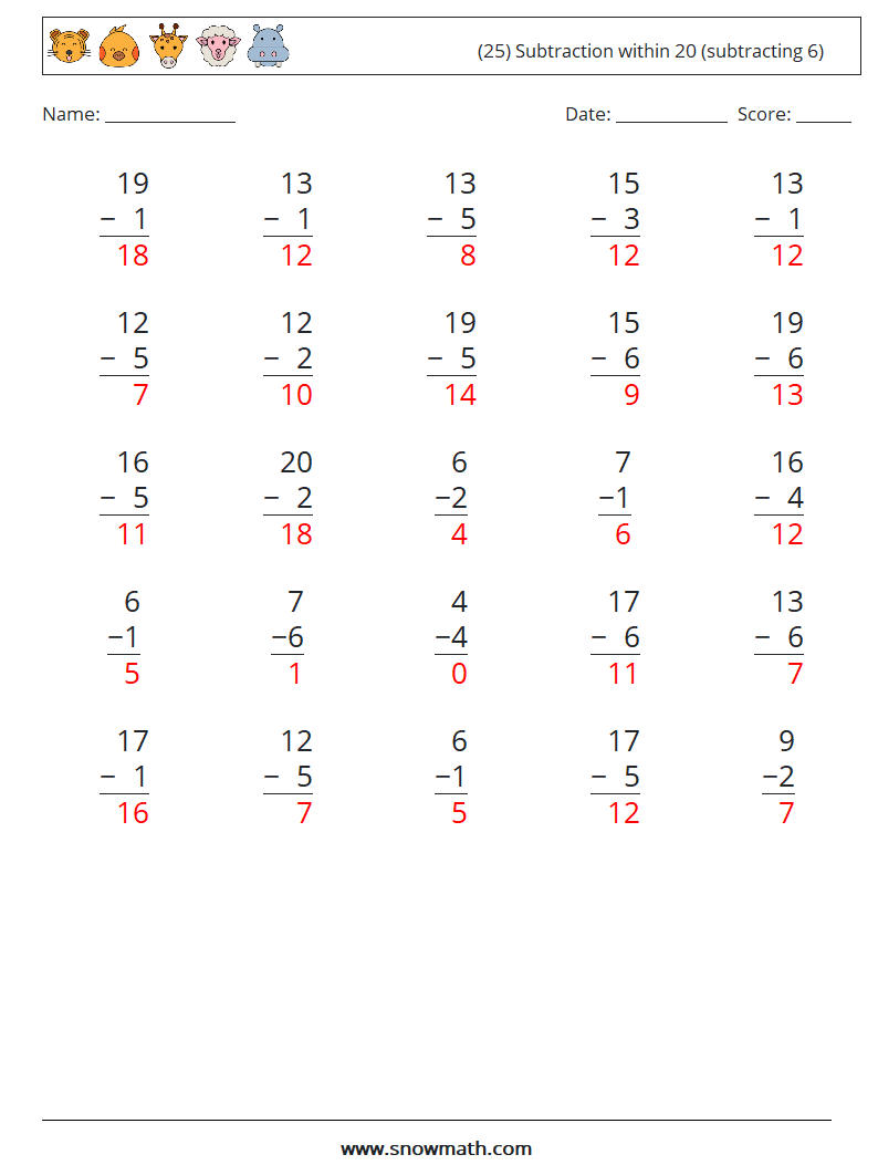 (25) Subtraction within 20 (subtracting 6) Math Worksheets 16 Question, Answer