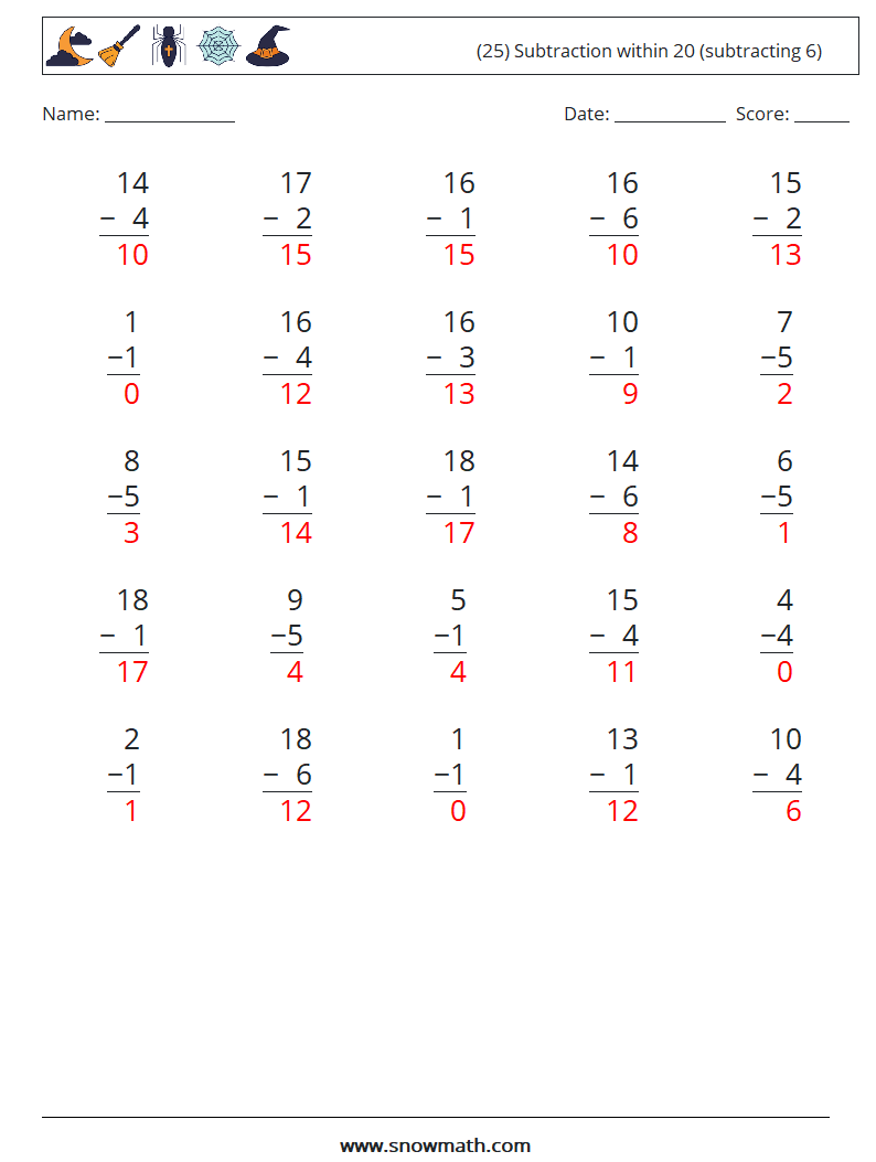 (25) Subtraction within 20 (subtracting 6) Math Worksheets 17 Question, Answer