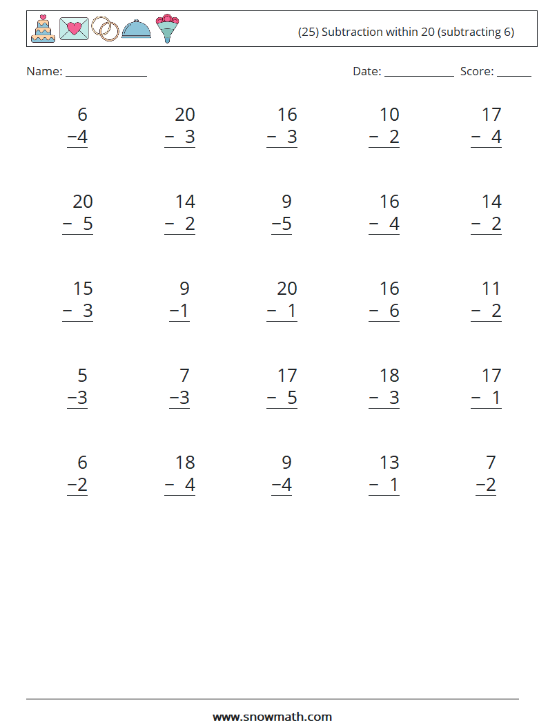 (25) Subtraction within 20 (subtracting 6) Math Worksheets 18
