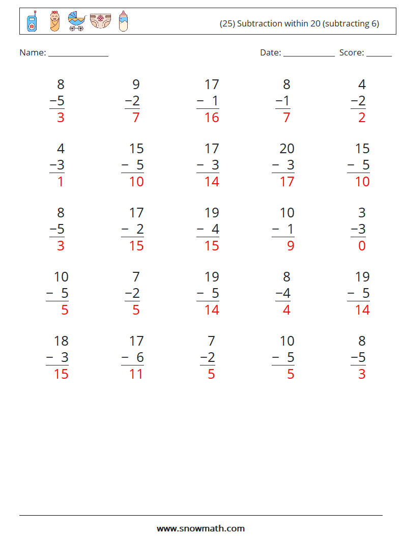 (25) Subtraction within 20 (subtracting 6) Math Worksheets 1 Question, Answer