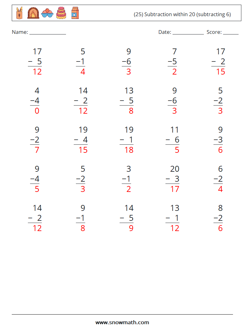 (25) Subtraction within 20 (subtracting 6) Math Worksheets 2 Question, Answer