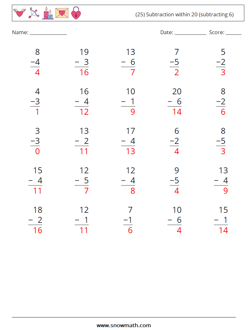 (25) Subtraction within 20 (subtracting 6) Math Worksheets 3 Question, Answer