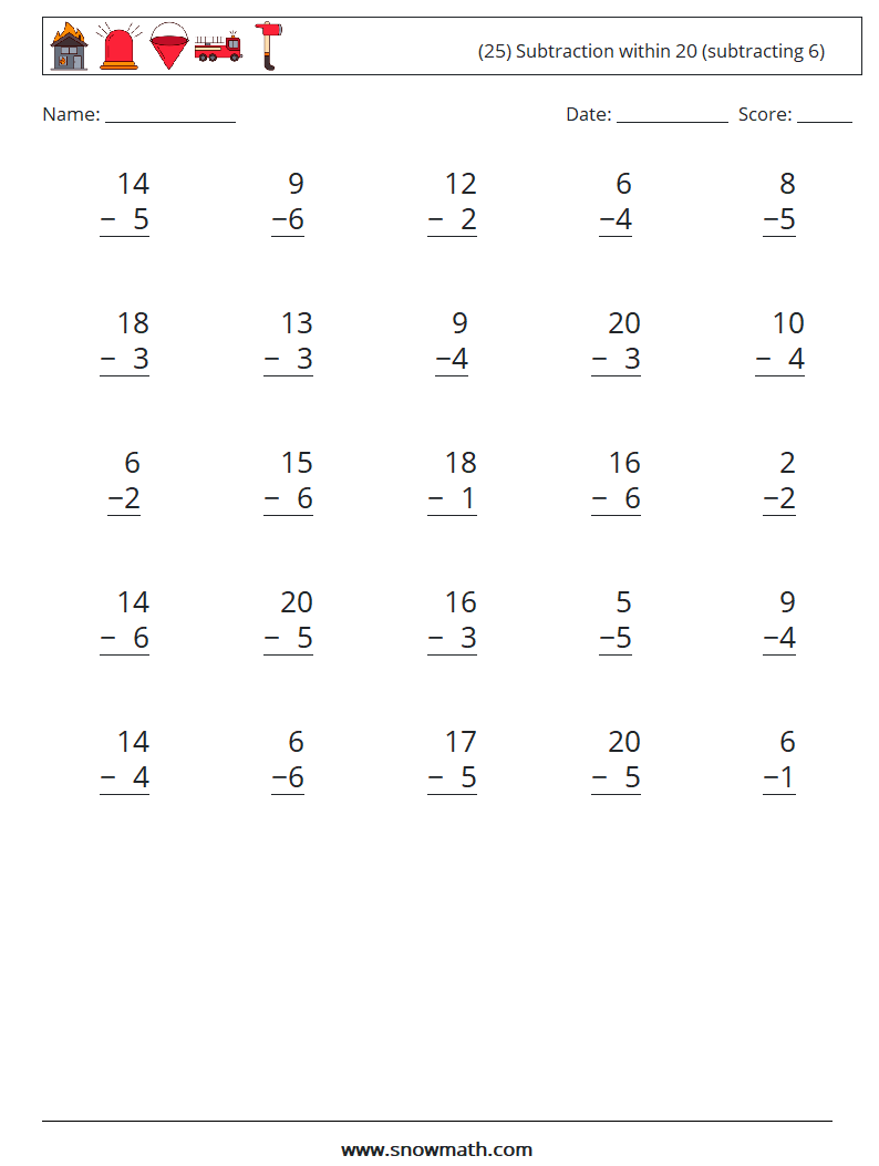 (25) Subtraction within 20 (subtracting 6) Math Worksheets 4
