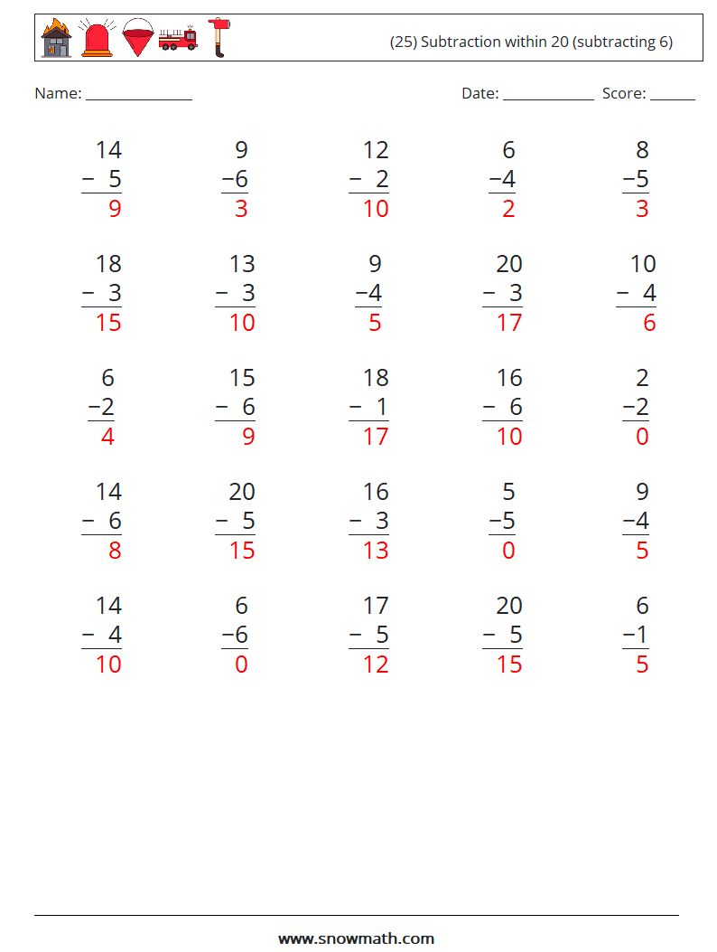 (25) Subtraction within 20 (subtracting 6) Math Worksheets 4 Question, Answer