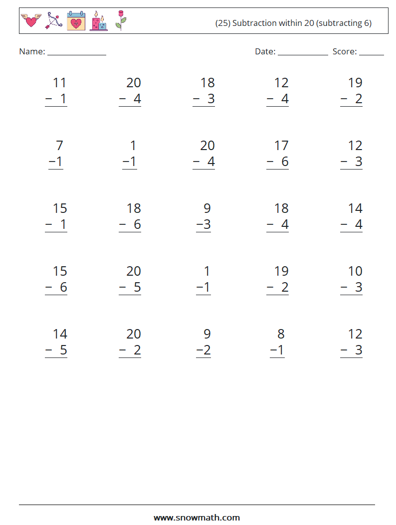 (25) Subtraction within 20 (subtracting 6) Math Worksheets 5
