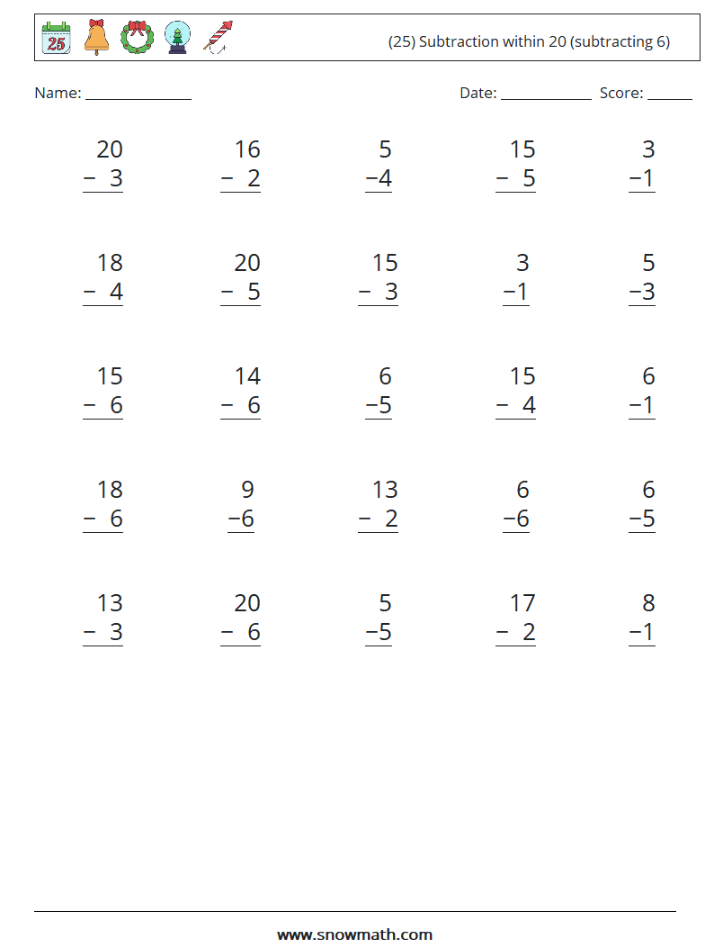 (25) Subtraction within 20 (subtracting 6) Math Worksheets 6