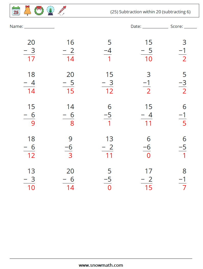 (25) Subtraction within 20 (subtracting 6) Math Worksheets 6 Question, Answer