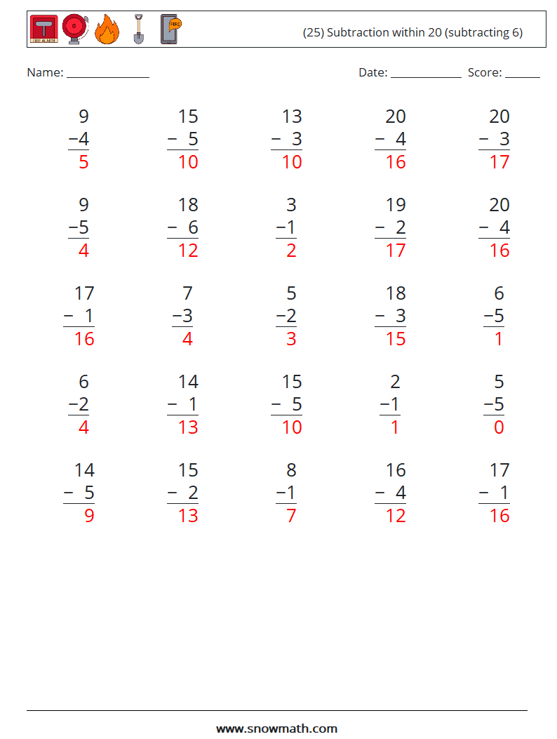 (25) Subtraction within 20 (subtracting 6) Math Worksheets 7 Question, Answer