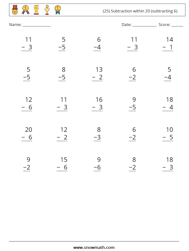 (25) Subtraction within 20 (subtracting 6) Math Worksheets 8