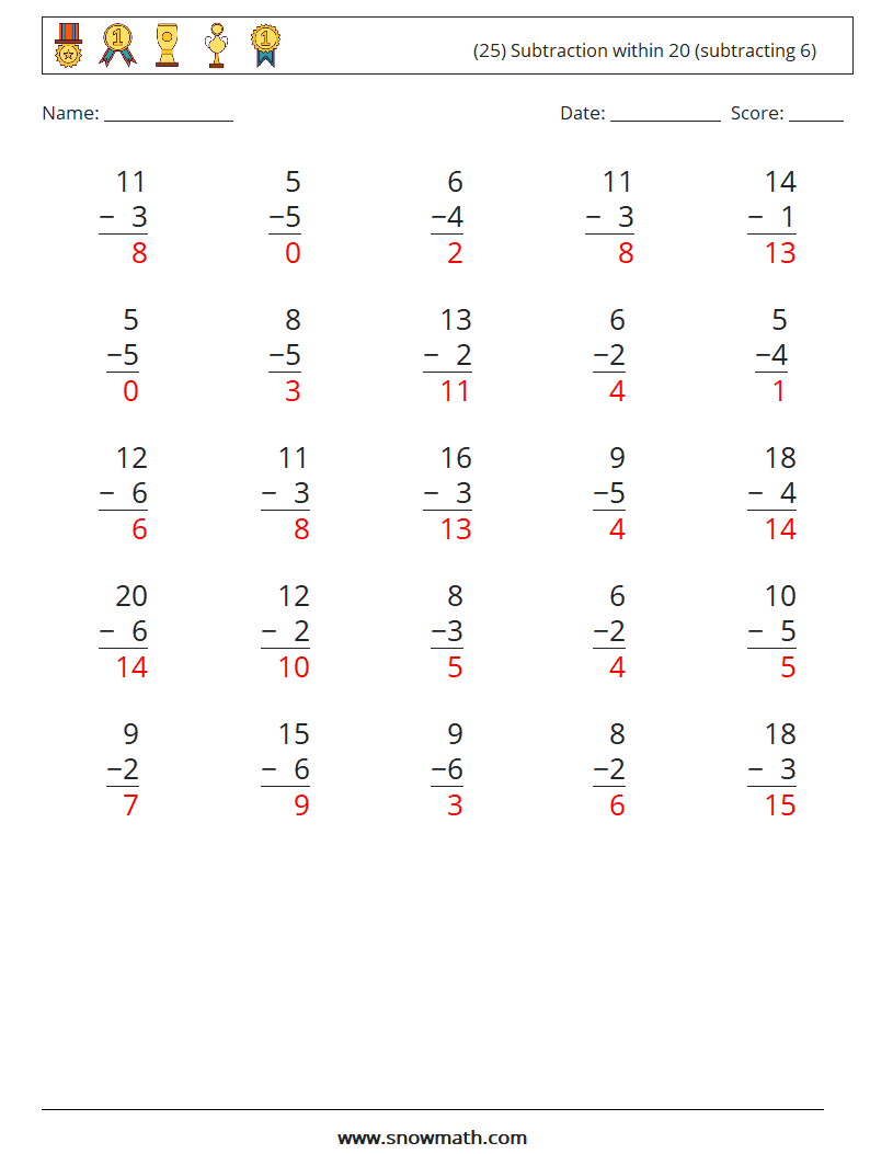 (25) Subtraction within 20 (subtracting 6) Math Worksheets 8 Question, Answer