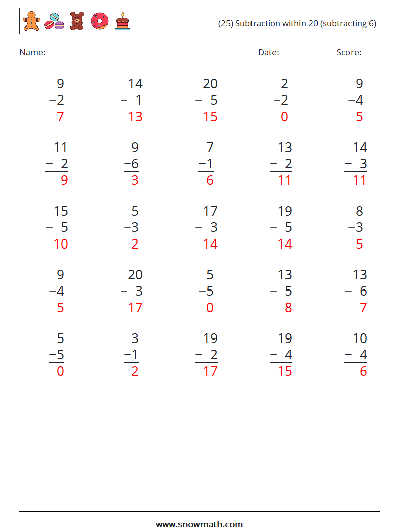 (25) Subtraction within 20 (subtracting 6) Math Worksheets 9 Question, Answer
