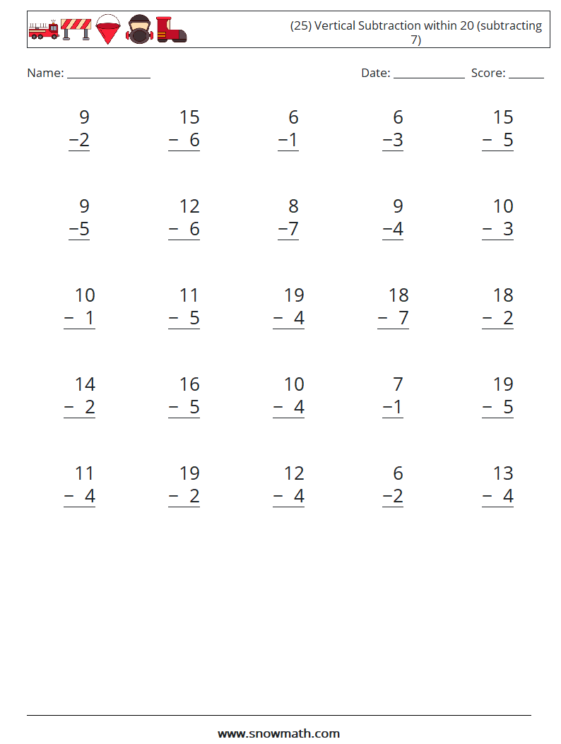 (25) Vertical Subtraction within 20 (subtracting 7) Math Worksheets 1