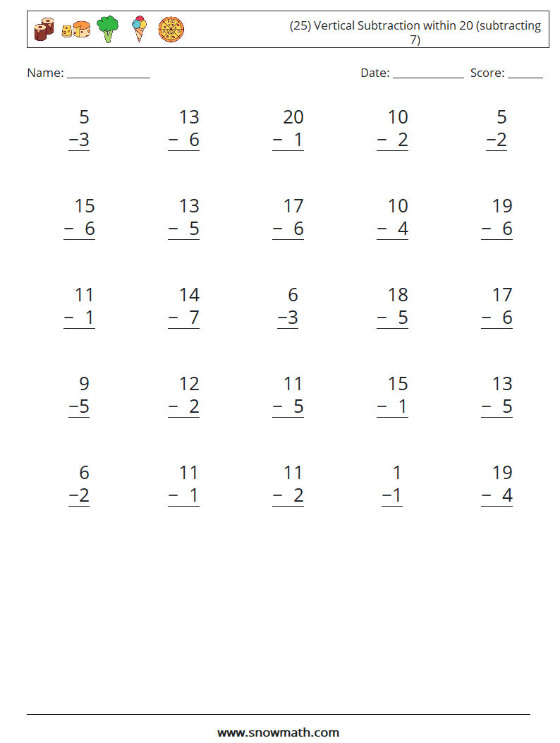 (25) Vertical Subtraction within 20 (subtracting 7) Math Worksheets 10