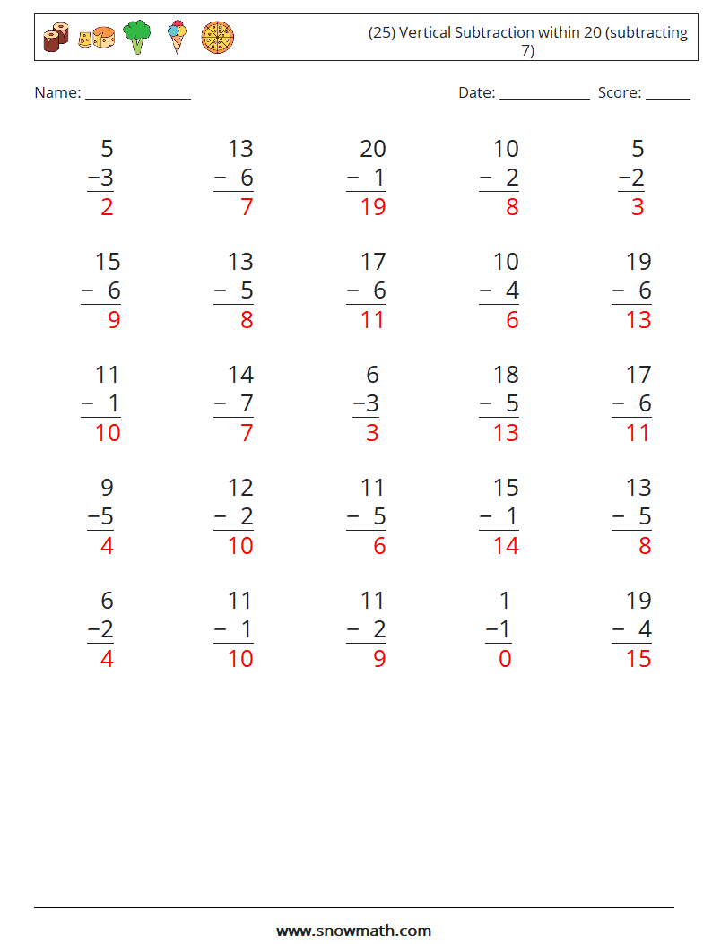 (25) Vertical Subtraction within 20 (subtracting 7) Math Worksheets 10 Question, Answer