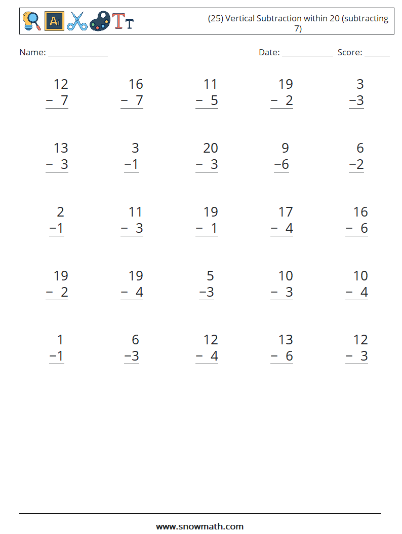 (25) Vertical Subtraction within 20 (subtracting 7) Math Worksheets 11