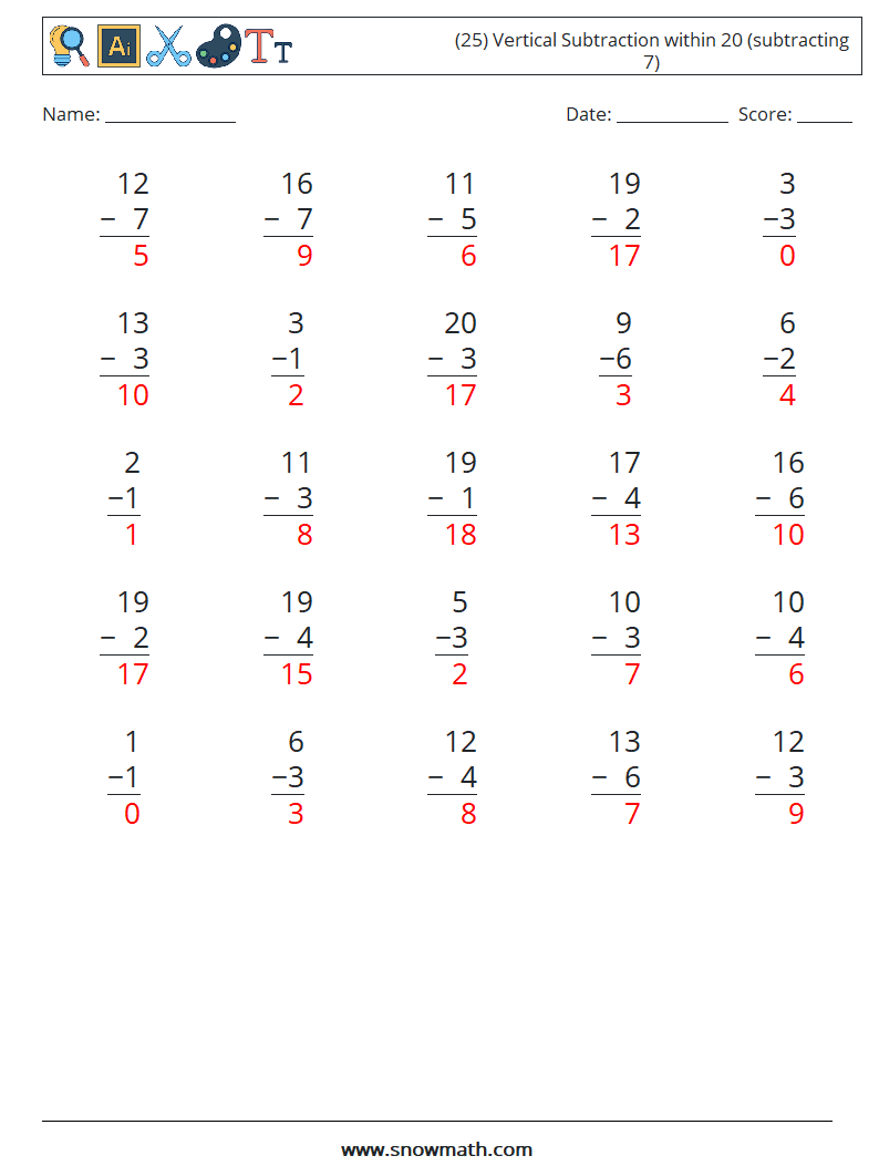 (25) Vertical Subtraction within 20 (subtracting 7) Math Worksheets 11 Question, Answer