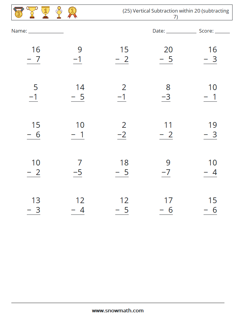 (25) Vertical Subtraction within 20 (subtracting 7) Math Worksheets 12