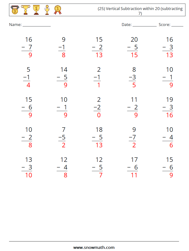 (25) Vertical Subtraction within 20 (subtracting 7) Math Worksheets 12 Question, Answer