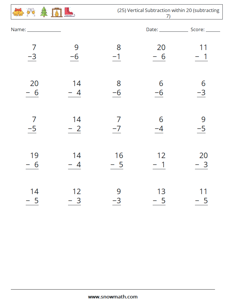 (25) Vertical Subtraction within 20 (subtracting 7) Math Worksheets 13