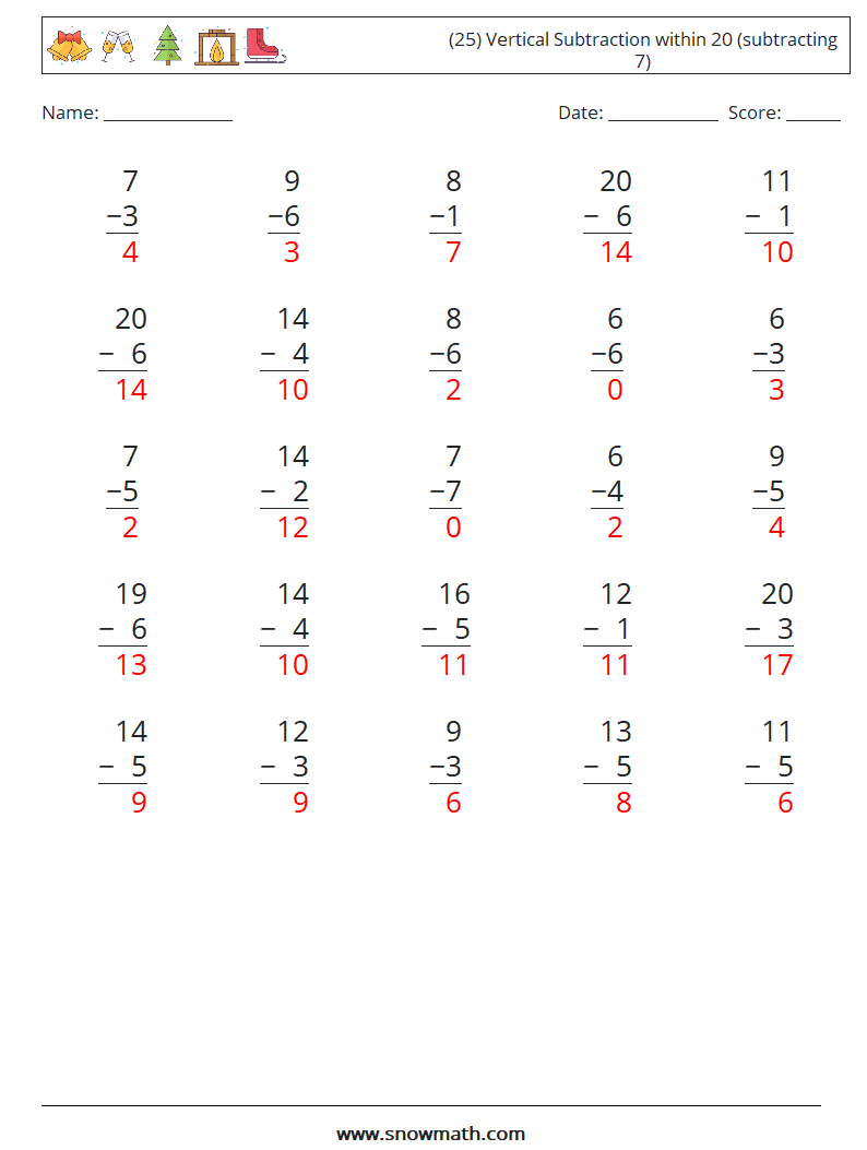 (25) Vertical Subtraction within 20 (subtracting 7) Math Worksheets 13 Question, Answer