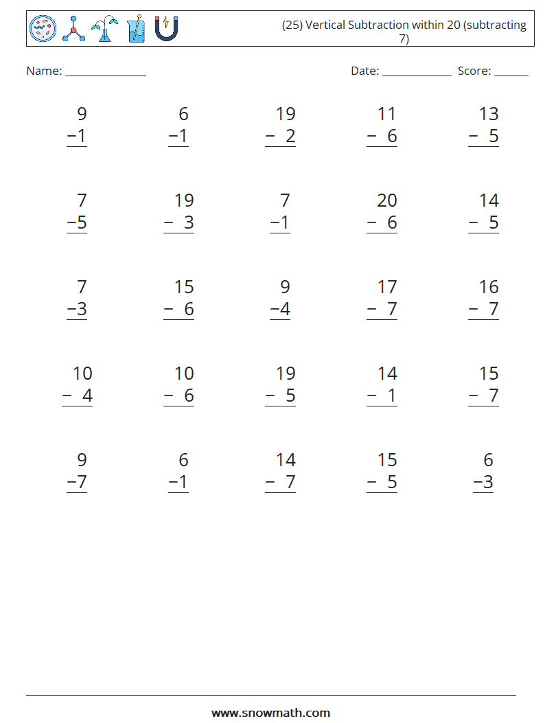 (25) Vertical Subtraction within 20 (subtracting 7) Math Worksheets 14