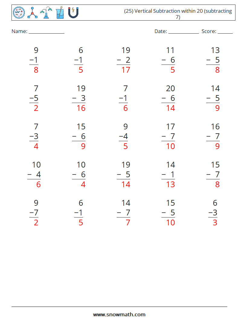 (25) Vertical Subtraction within 20 (subtracting 7) Math Worksheets 14 Question, Answer