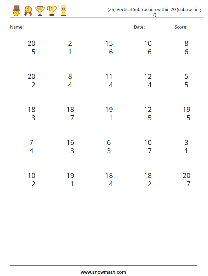 (25) Vertical Subtraction within 20 (subtracting 7) Math Worksheets 15