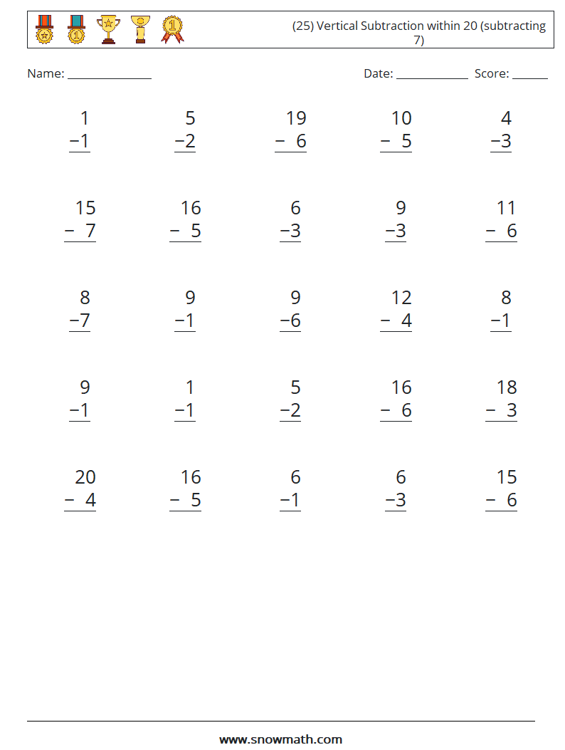 (25) Vertical Subtraction within 20 (subtracting 7) Math Worksheets 16