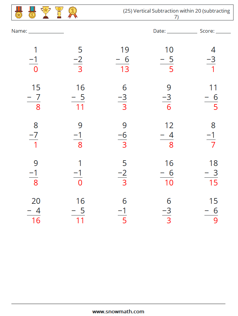 (25) Vertical Subtraction within 20 (subtracting 7) Math Worksheets 16 Question, Answer
