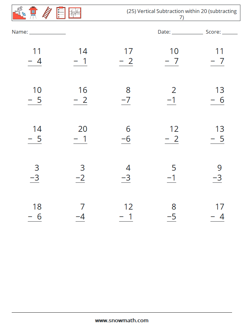 (25) Vertical Subtraction within 20 (subtracting 7) Math Worksheets 17