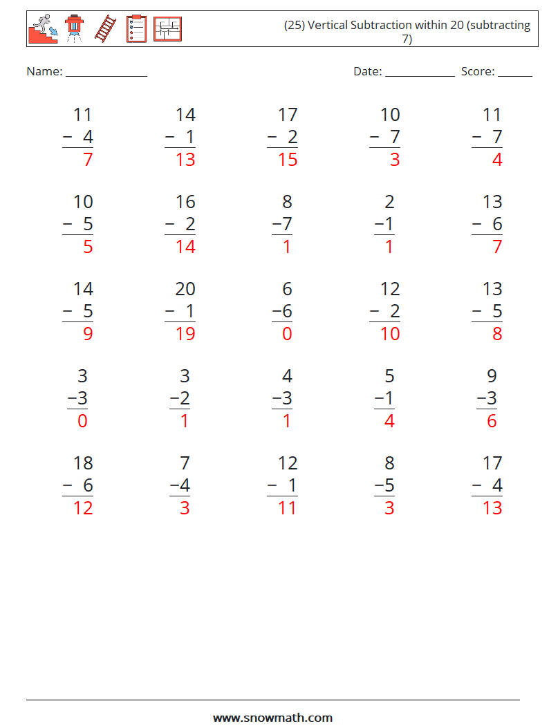 (25) Vertical Subtraction within 20 (subtracting 7) Math Worksheets 17 Question, Answer