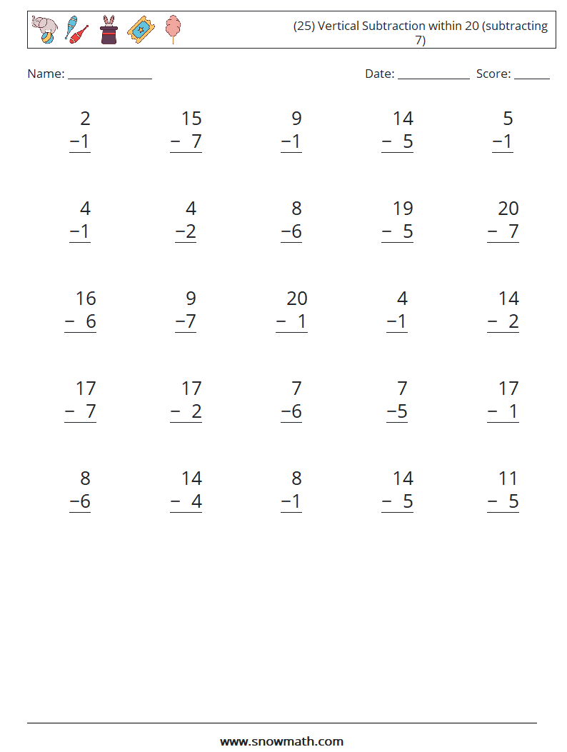 (25) Vertical Subtraction within 20 (subtracting 7) Math Worksheets 18