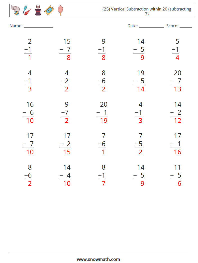 (25) Vertical Subtraction within 20 (subtracting 7) Math Worksheets 18 Question, Answer