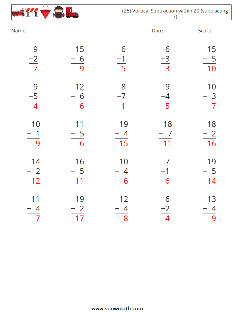 (25) Vertical Subtraction within 20 (subtracting 7) Math Worksheets 1 Question, Answer