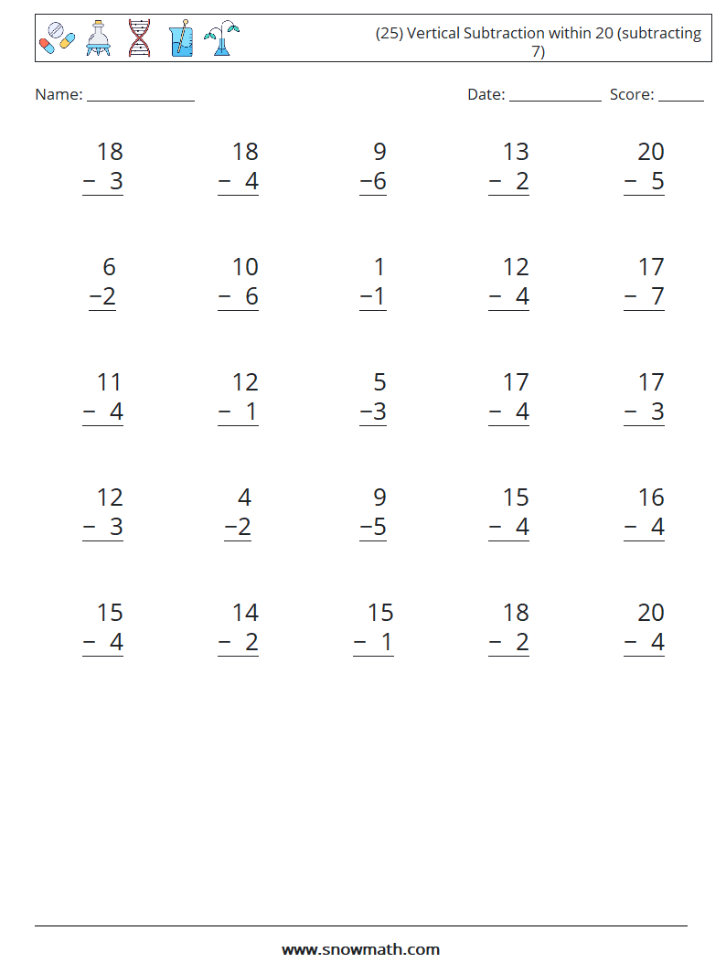 (25) Vertical Subtraction within 20 (subtracting 7) Math Worksheets 2