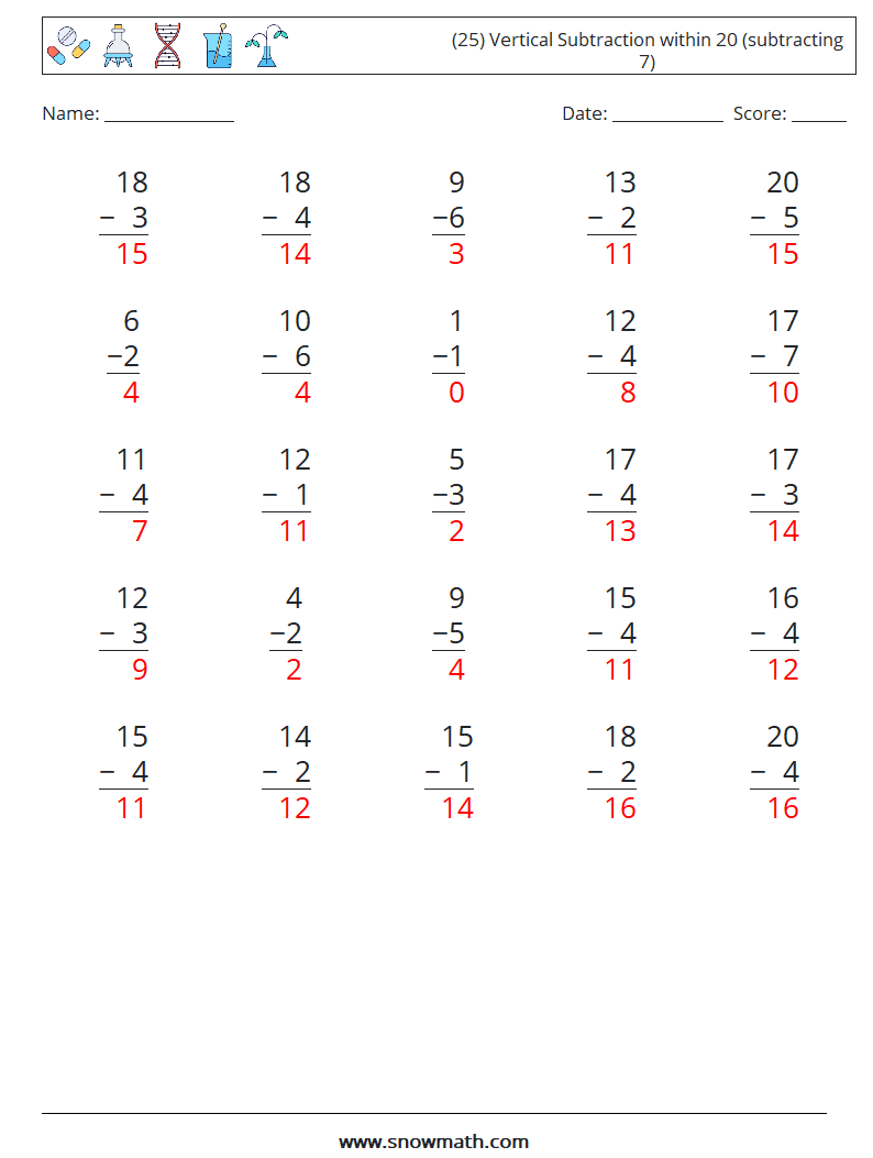 (25) Vertical Subtraction within 20 (subtracting 7) Math Worksheets 2 Question, Answer