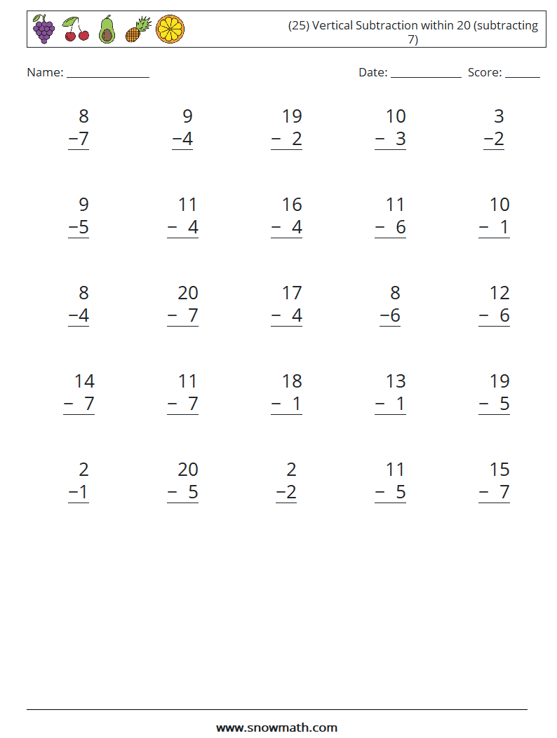 (25) Vertical Subtraction within 20 (subtracting 7) Math Worksheets 3