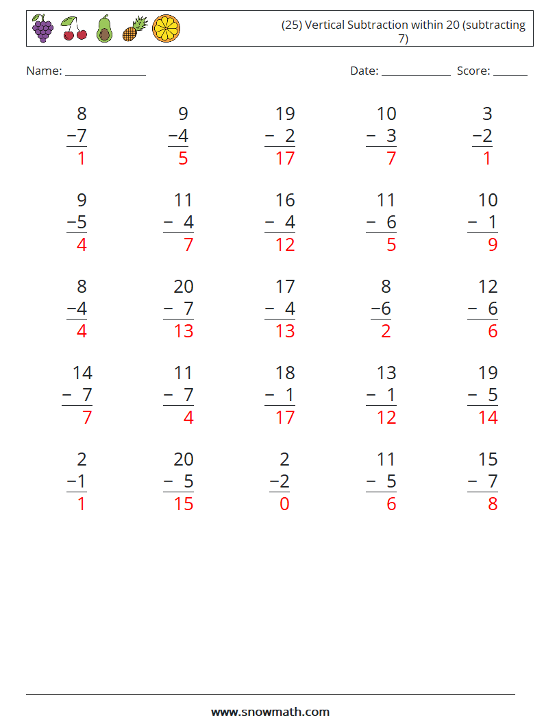 (25) Vertical Subtraction within 20 (subtracting 7) Math Worksheets 3 Question, Answer