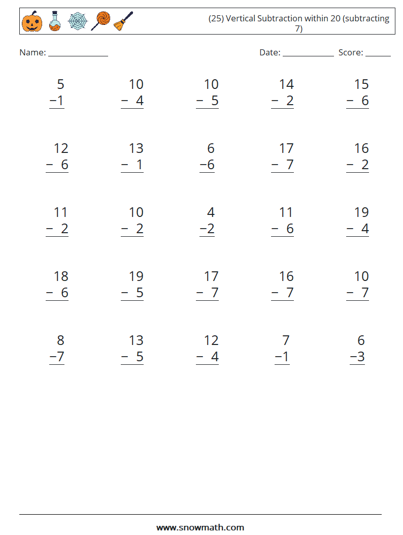 (25) Vertical Subtraction within 20 (subtracting 7) Math Worksheets 4